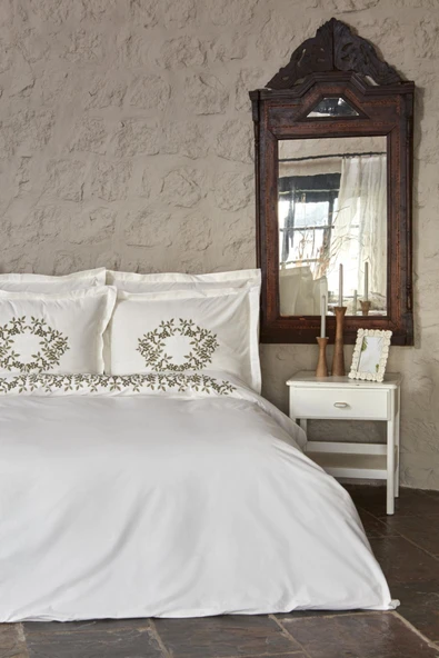 Casandra %100 Pamuk Çift Kişilik Nakışlı Nevresim Takımı Ekru - Resim 3