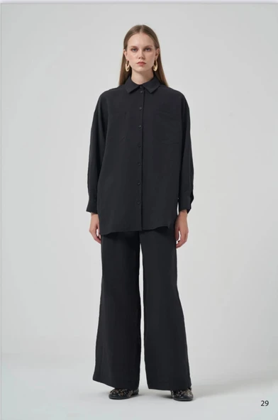 Nuss 1021 Kendinden Çizgili Pantolonlu Takım - siyah ürün görseli 1