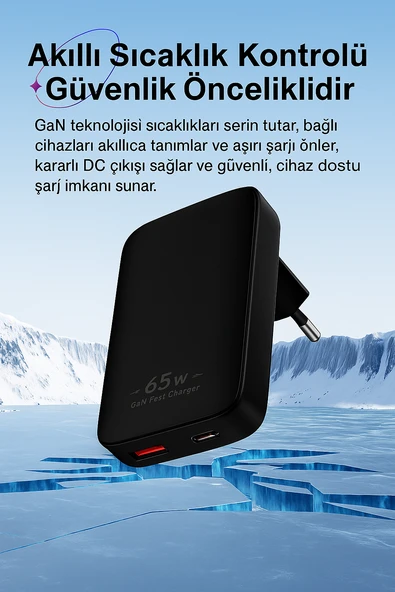 65W GaN Hızlı Şarj Adaptörü USB-C + USB-A Çift Port, Akıllı Sıcaklık Kontrolü, Seyahat Dostu - 5