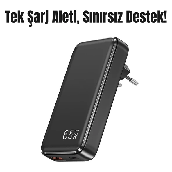 65W GaN Hızlı Şarj Adaptörü  USB-C + USB-A Çift Port, Akıllı Sıcaklık Kontrolü, Seyahat Dostu - 7