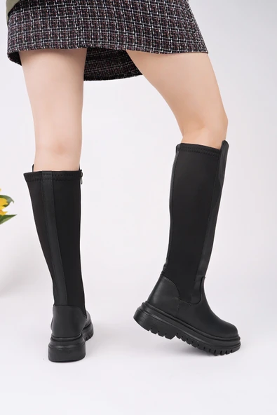Muggo NEROX Kalın Taban Streç Detaylı Fermuarlı Kadın Çizme