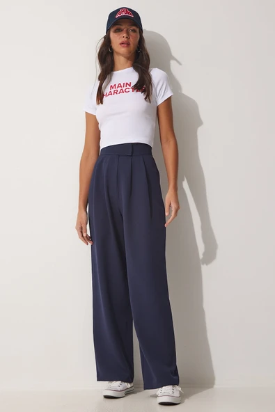 Happiness İstanbul Kadın Lacivert Beli Cırt Cırt Kapamalı Bol Pantolon YL00001 ürün görseli 1