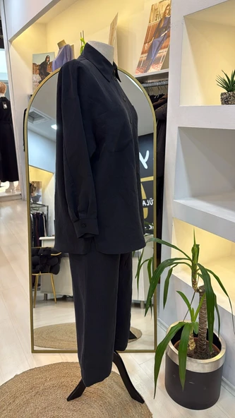 Nuss 1021 Kendinden Çizgili Pantolonlu Takım - siyah - Resim 8