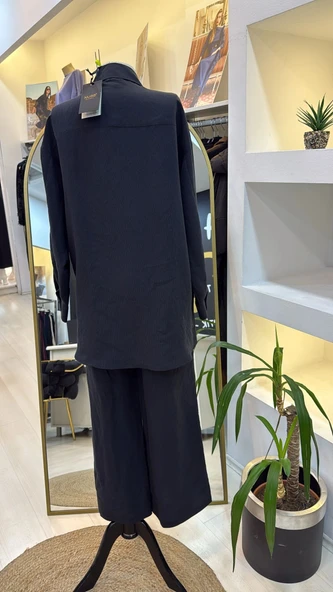 Nuss 1021 Kendinden Çizgili Pantolonlu Takım - siyah - Resim 7