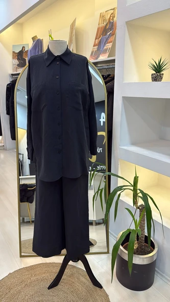 Nuss 1021 Kendinden Çizgili Pantolonlu Takım - siyah - Resim 4