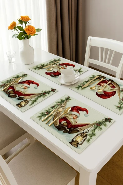Valerine Life Noel Babalı Amerikan Servis Altlığı Kaymaz Yıkanabilir 6 Kişilik Koruyucu Masa Örtüsü - Resim 3