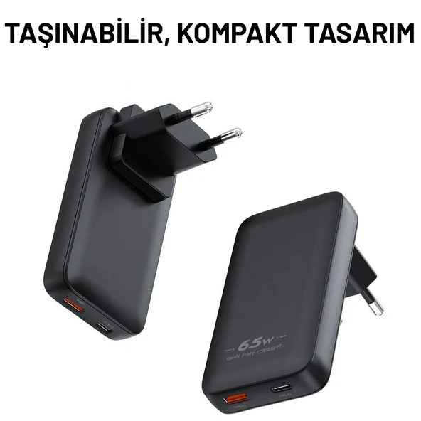 65W GaN Hızlı Şarj Adaptörü USB-C + USB-A Çift Port, Akıllı Sıcaklık Kontrolü, Seyahat Dostu