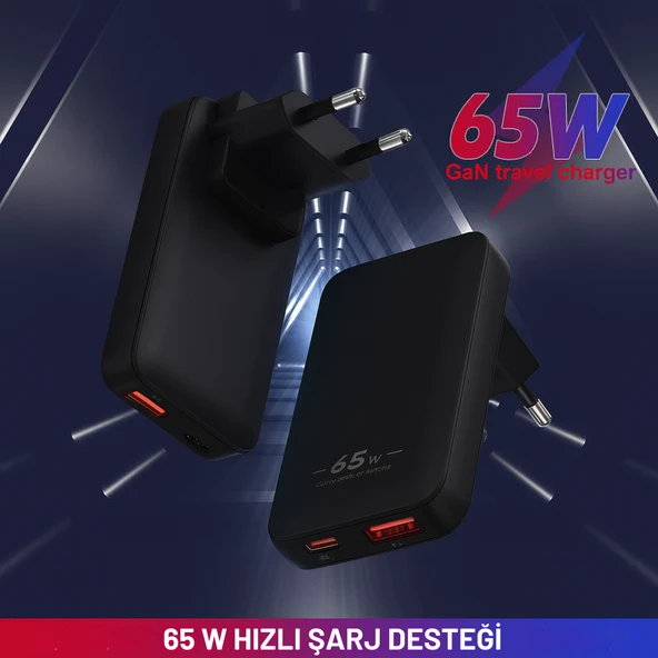 65W GaN Hızlı Şarj Adaptörü  USB-C + USB-A Çift Port, Akıllı Sıcaklık Kontrolü, Seyahat Dostu - 6