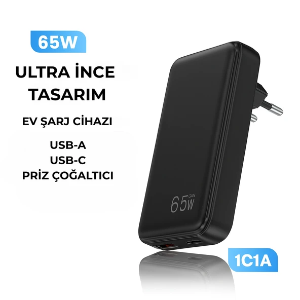 65W GaN Hızlı Şarj Adaptörü  USB-C + USB-A Çift Port, Akıllı Sıcaklık Kontrolü, Seyahat Dostu - 4