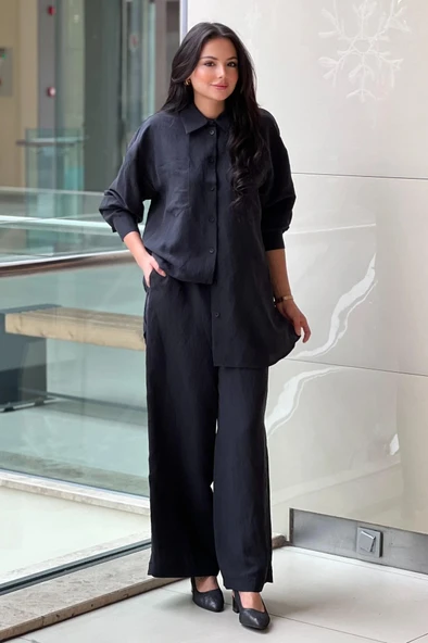 Nuss 1021 Kendinden Çizgili Pantolonlu Takım - siyah - Resim 2