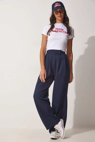 Happiness İstanbul Kadın Lacivert Beli Cırt Cırt Kapamalı Bol Pantolon YL00001 - Resim 2