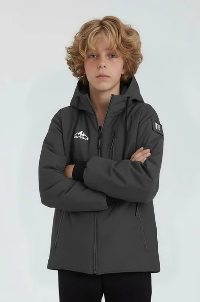Erkek Çocuk Gri Outdoor Su İtici Kapüşonlu Kaban – Rüzgar Geçirmez, Hafif ve Dayanıklı - 4