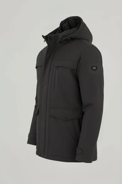 Erkek Gri Pamuk Polyester Karışımlı Kürklü Çıkartılabilir Kapüşonlu Mont&Kaban - 3