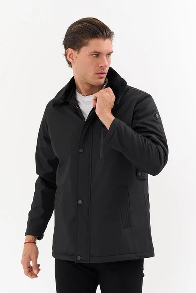 Erkek Siyah Yakası Çıkartılabilir Kürklü Su İtici İçi Kürklü Kaban – Rüzgar Geçirmez, Hafif ve Dayanıklı - 2