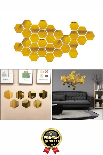 Yeni Seri Modern Şık Tasarım Dekoratif Altıgen Ev Ofis Duvar Dolap Yapışkanlı Gold Ayna Seti 12 Adet - 7
