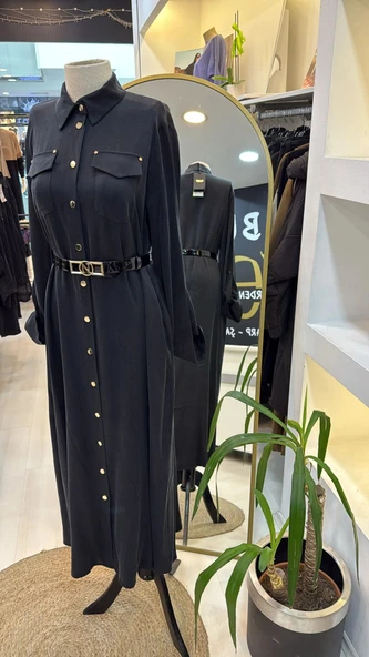 Nuss kemer ve citcit detayli ipek elbise 2002 siyah - 7