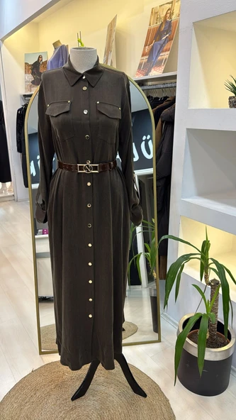 Nuss kemer ve citcit detayli ipek elbise 2002 kahve - Resim 6