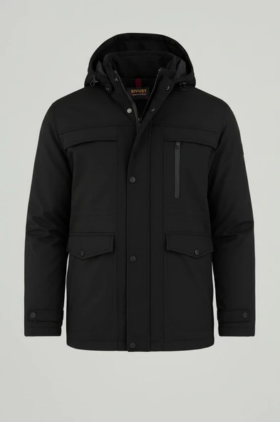 Erkek Siyah Pamuk Polyester Karışımlı Kürklü Çıkartılabilir Kapüşonlu Mont&Kaban ürün görseli