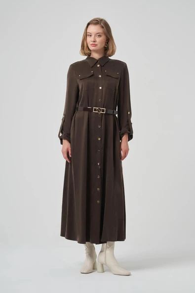 Nuss kemer ve citcit detayli ipek elbise 2002 kahve ürün görseli 1