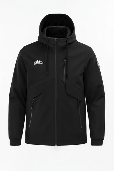 Erkek Çocuk Siyah Outdoor Su İtici Kapüşonlu Kaban – Rüzgar Geçirmez, Hafif ve Dayanıklı