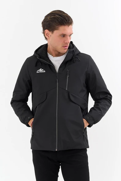 Erkek Siyah Outdoor Su İtici Kapüşonlu Kaban – Rüzgar Geçirmez, Hafif ve Dayanıklı - Resim 3