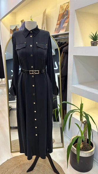 Nuss kemer ve citcit detayli ipek elbise 2002 siyah - 2