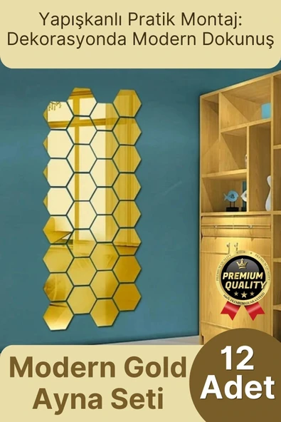 Yeni Seri Modern Şık Tasarım Dekoratif Altıgen Ev Ofis Duvar Dolap Yapışkanlı Gold Ayna Seti 12 Adet