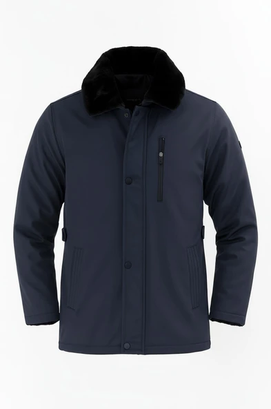 Erkek Lacivert Yakası Çıkartılabilir Kürklü Su İtici İçi Kürklü Kaban – Rüzgar Geçirmez, Hafif ve Dayanıklı