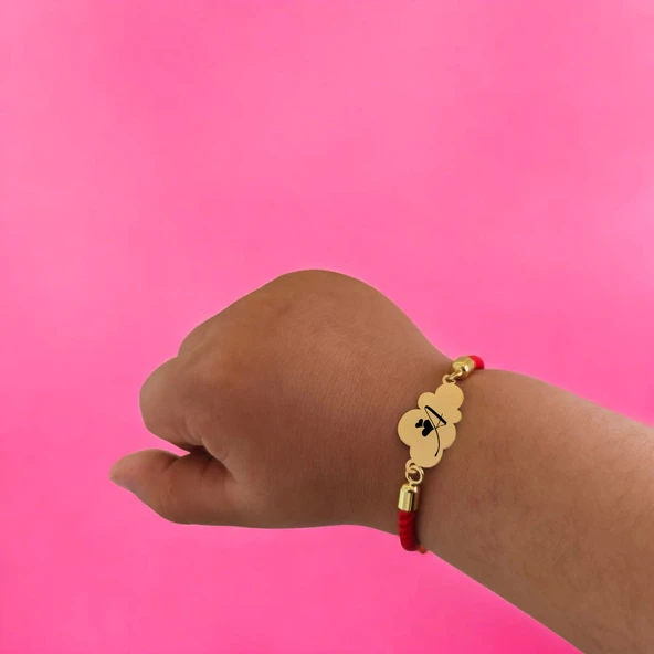 Harfe Özel 14 Ayar Altın Plakalı Bulut Figürlü Kırmızı Örgü İpli Hediye Bileklik-406 - Resim 2