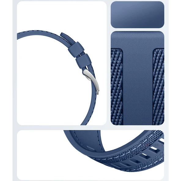 Sneezy Huawei Watch GT6 Pro 46mm ile Uyumlu Metal Tokalı Dikiş Detaylı Şık Dokuma Silikon Kordon  Lacivert - Resim 5
