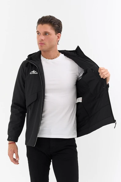 Erkek Siyah Outdoor Su İtici Kapüşonlu Kaban – Rüzgar Geçirmez, Hafif ve Dayanıklı - Resim 2