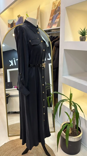 Nuss kemer ve citcit detayli ipek elbise 2002 siyah - 3