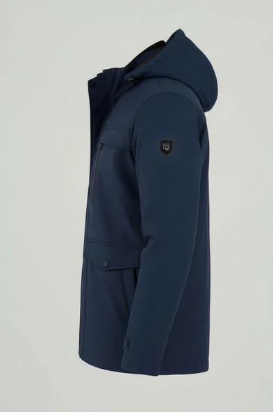 Erkek Lacivert Pamuk Polyester Karışımlı Kürklü Çıkartılabilir Kapüşonlu Mont&Kaban - Resim 2