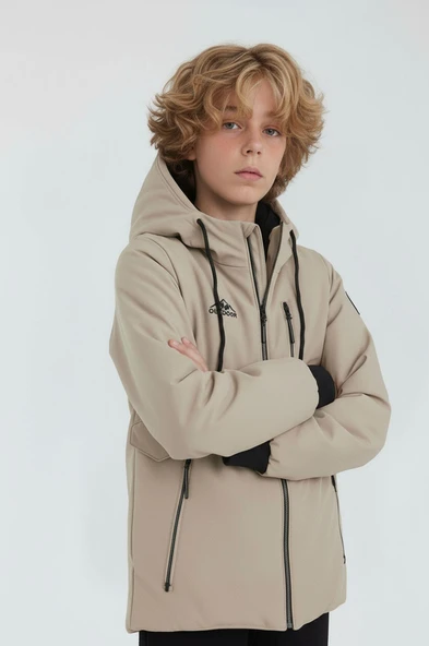 Erkek Çocuk Krem Outdoor Su İtici Kapüşonlu Kaban – Rüzgar Geçirmez, Hafif ve Dayanıklı - 2