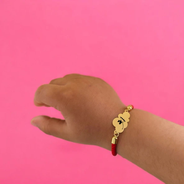 Harfe Özel 14 Ayar Altın Plakalı Bulut Figürlü Kırmızı Örgü İpli Hediye Bileklik-406 - Resim 3
