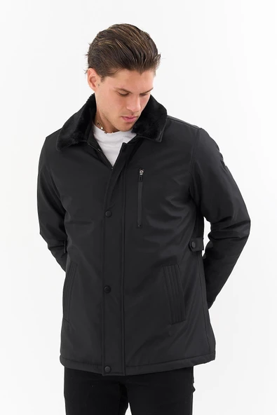 Erkek Siyah Yakası Çıkartılabilir Kürklü Su İtici İçi Kürklü Kaban – Rüzgar Geçirmez, Hafif ve Dayanıklı - 5