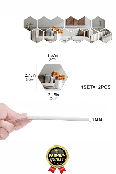 Yeni Seri Modern Şık Tasarım Dekoratif Altıgen Ev Ofis Duvar Dolap Yapışkanlı Gold Ayna Seti 12 Adet - 3