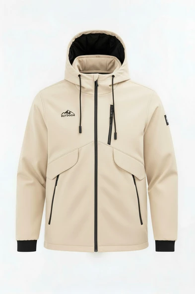 Erkek Çocuk Krem Outdoor Su İtici Kapüşonlu Kaban – Rüzgar Geçirmez, Hafif ve Dayanıklı