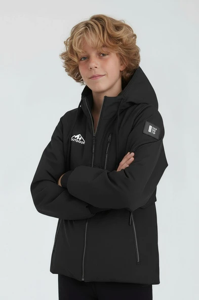 Erkek Çocuk Siyah Outdoor Su İtici Kapüşonlu Kaban – Rüzgar Geçirmez, Hafif ve Dayanıklı - 4