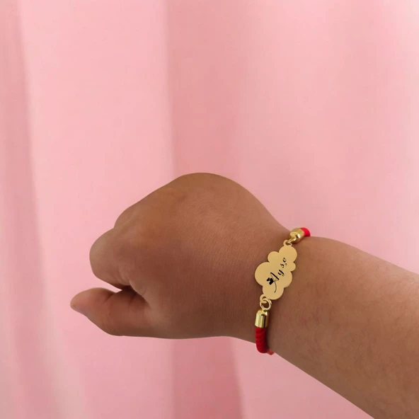 İsme Özel Bulut Figürlü Kırmızı Örgü İpli 14 Ayar Altın Plakalı Hediye Bileklik-406 - Resim 2