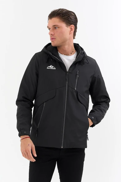 Erkek Siyah Outdoor Su İtici Kapüşonlu Kaban – Rüzgar Geçirmez, Hafif ve Dayanıklı - Resim 5