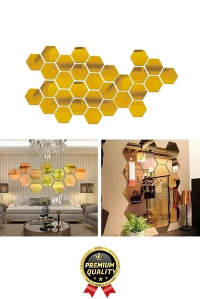 Yeni Seri Modern Şık Tasarım Dekoratif Altıgen Ev Ofis Duvar Dolap Yapışkanlı Gold Ayna Seti 12 Adet - 6