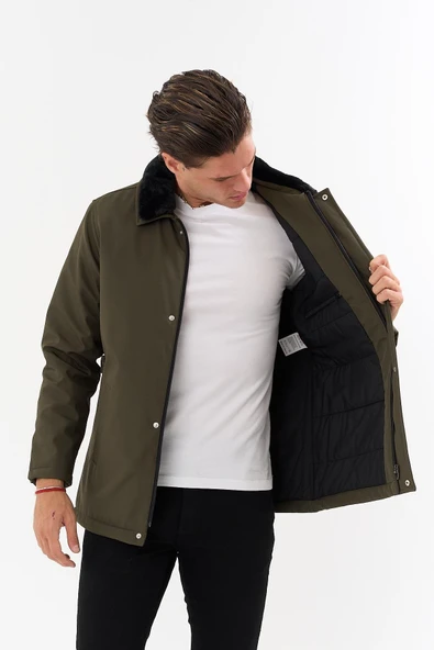 Erkek Yeşil Yakası Çıkartılabilir Kürklü Su İtici İçi Kürklü Kaban – Rüzgar Geçirmez, Hafif ve Dayanıklı - 2