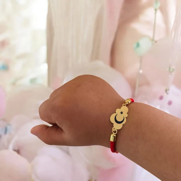 Sembole Özel Kırmızı Örgü İpli 14 Ayar Altın Plakalı Bulut Figürlü Hediye Bileklik-406 - Resim 2