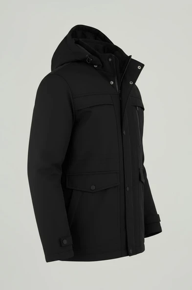 Erkek Siyah Pamuk Polyester Karışımlı Kürklü Çıkartılabilir Kapüşonlu Mont&Kaban - Resim 2