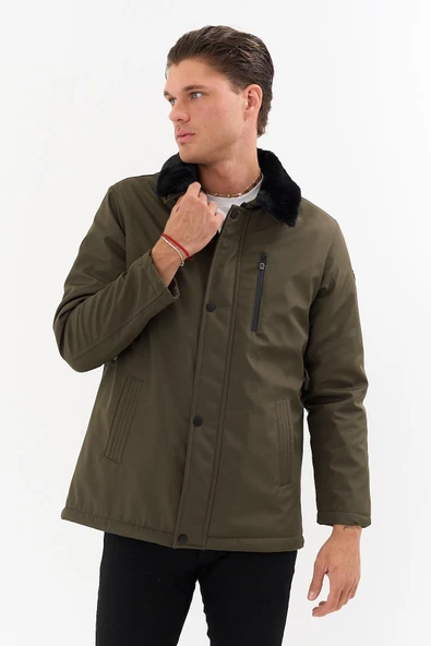 Erkek Yeşil Yakası Çıkartılabilir Kürklü Su İtici İçi Kürklü Kaban – Rüzgar Geçirmez, Hafif ve Dayanıklı - 4