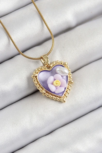 316L Çelik Zincir Mor Sanatsal Portre İnci Detaylı Papatya Figürlü Kalp Model Gold Renk Kadın Kolye ürün görseli 1
