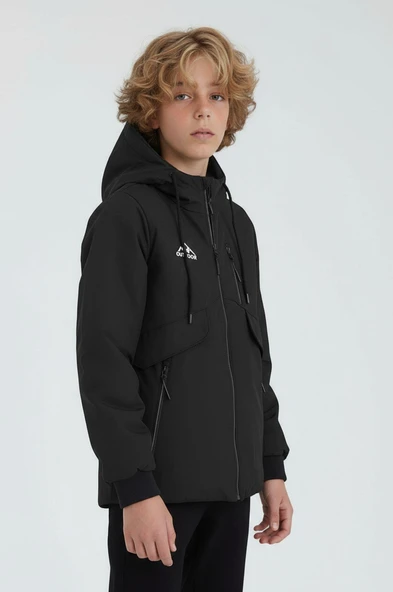 Erkek Çocuk Siyah Outdoor Su İtici Kapüşonlu Kaban – Rüzgar Geçirmez, Hafif ve Dayanıklı - 3