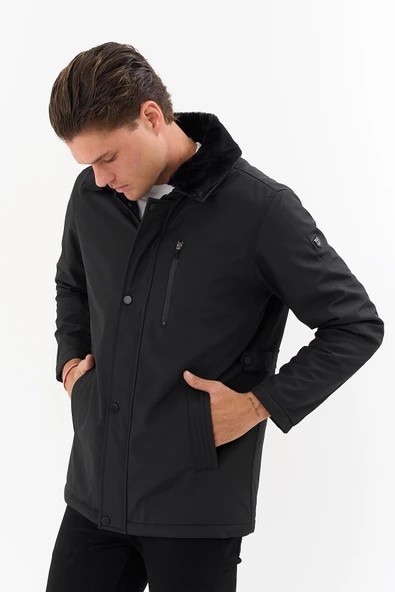 Erkek Siyah Yakası Çıkartılabilir Kürklü Su İtici İçi Kürklü Kaban – Rüzgar Geçirmez, Hafif ve Dayanıklı - 3