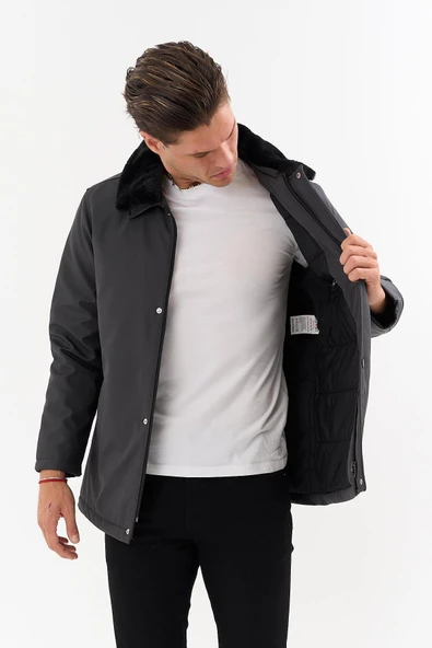 Erkek Gri Yakası Çıkartılabilir Kürklü Su İtici İçi Kürklü Kaban – Rüzgar Geçirmez, Hafif ve Dayanıklı - 3